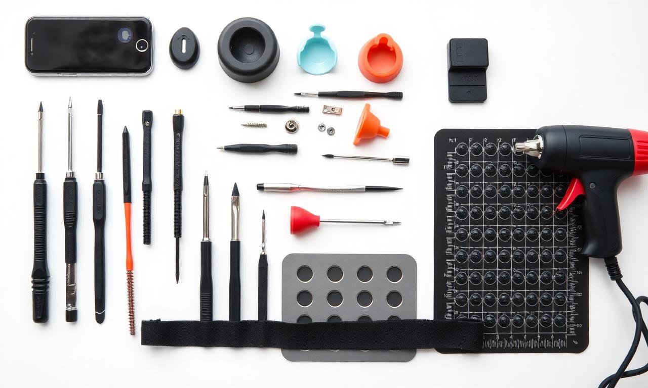 Professional phone repair toolkit including precision screwdrivers, pry tools, suction cups, magnetic mat, and heat gun